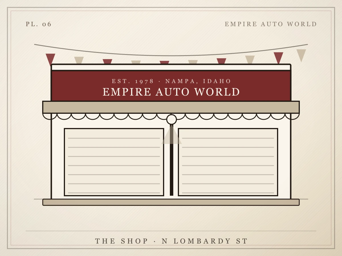 Illustration of the Aurelian Motor Company LLC showroom with its sign, awning and two roll-up doors