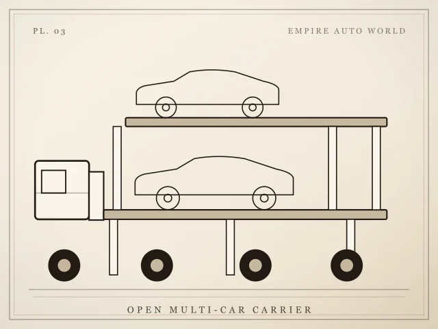 Illustration of a two-deck open car carrier loaded with two cars
